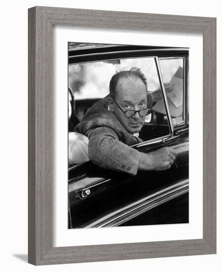 Author Vladimir Nabokov Looking Out Car Window. He Likes to Work in the Car, Writing on Index Cards-Carl Mydans-Framed Premium Photographic Print