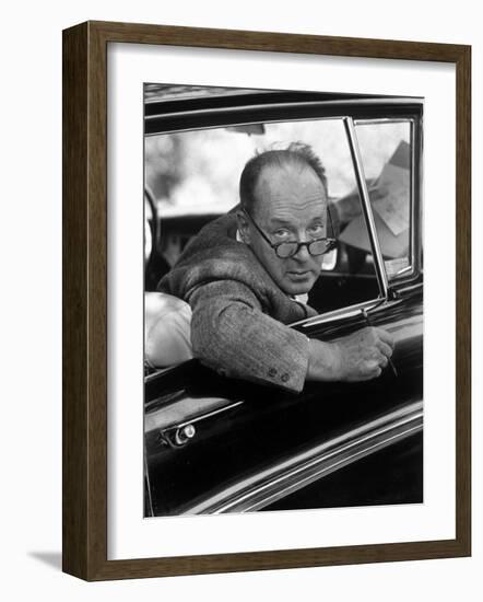 Author Vladimir Nabokov Looking Out Car Window. He Likes to Work in the Car, Writing on Index Cards-Carl Mydans-Framed Premium Photographic Print