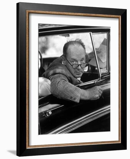 Author Vladimir Nabokov Looking Out Car Window. He Likes to Work in the Car, Writing on Index Cards-Carl Mydans-Framed Premium Photographic Print