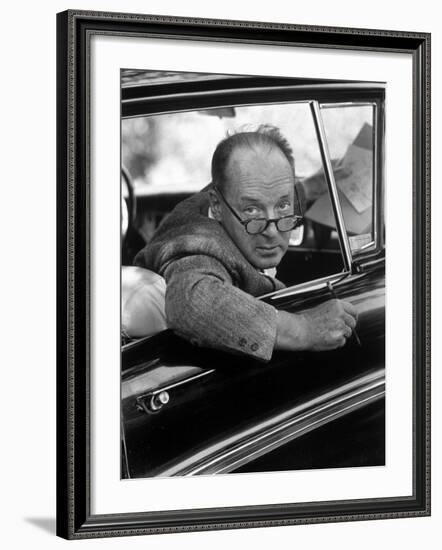 Author Vladimir Nabokov Looking Out Car Window. He Likes to Work in the Car, Writing on Index Cards-Carl Mydans-Framed Premium Photographic Print