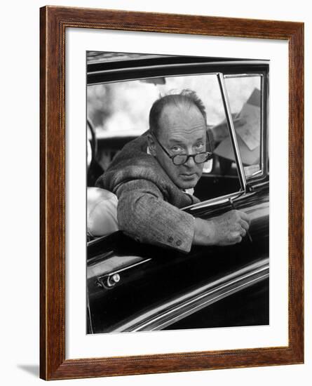 Author Vladimir Nabokov Looking Out Car Window. He Likes to Work in the Car, Writing on Index Cards-Carl Mydans-Framed Premium Photographic Print