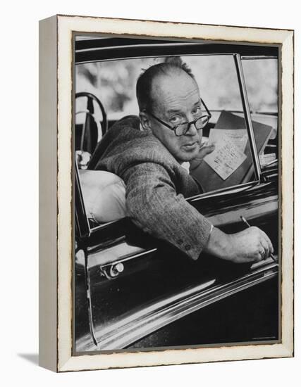 Author Vladimir Nabokov Writing in His Car. He Likes to Work in the Car, Writing on Index Cards-Carl Mydans-Framed Premier Image Canvas