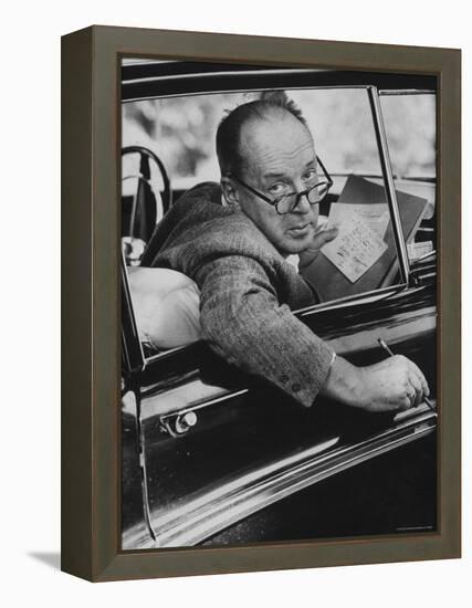 Author Vladimir Nabokov Writing in His Car. He Likes to Work in the Car, Writing on Index Cards-Carl Mydans-Framed Premier Image Canvas