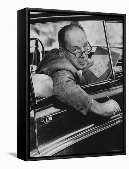 Author Vladimir Nabokov Writing in His Car. He Likes to Work in the Car, Writing on Index Cards-Carl Mydans-Framed Premier Image Canvas