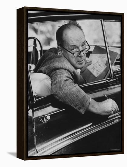 Author Vladimir Nabokov Writing in His Car. He Likes to Work in the Car, Writing on Index Cards-Carl Mydans-Framed Premier Image Canvas