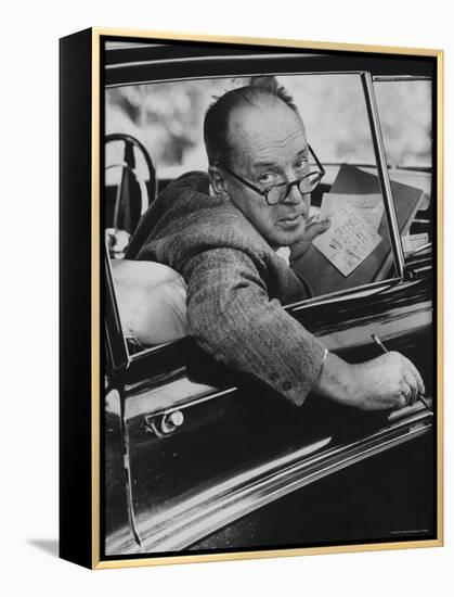 Author Vladimir Nabokov Writing in His Car. He Likes to Work in the Car, Writing on Index Cards-Carl Mydans-Framed Premier Image Canvas