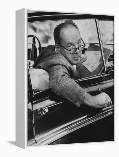 Author Vladimir Nabokov Writing in His Car. He Likes to Work in the Car, Writing on Index Cards-Carl Mydans-Framed Premier Image Canvas