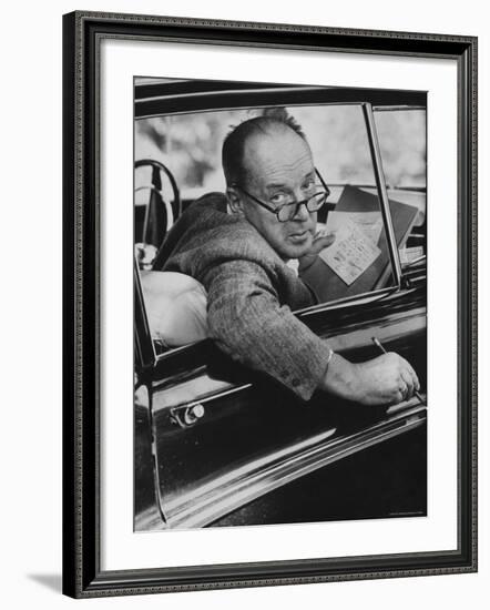 Author Vladimir Nabokov Writing in His Car. He Likes to Work in the Car, Writing on Index Cards-Carl Mydans-Framed Premium Photographic Print