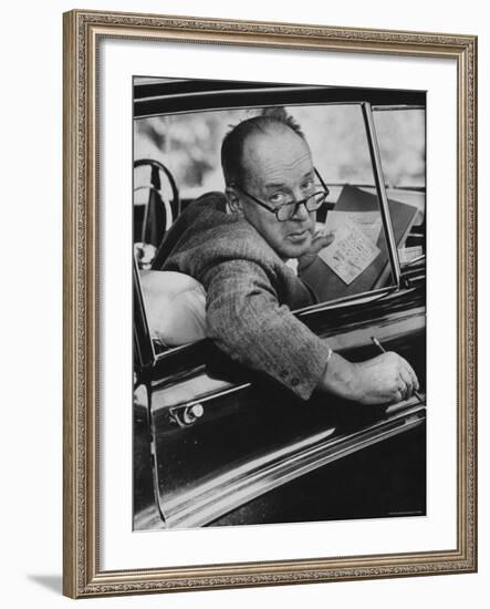 Author Vladimir Nabokov Writing in His Car. He Likes to Work in the Car, Writing on Index Cards-Carl Mydans-Framed Premium Photographic Print