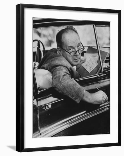 Author Vladimir Nabokov Writing in His Car. He Likes to Work in the Car, Writing on Index Cards-Carl Mydans-Framed Premium Photographic Print