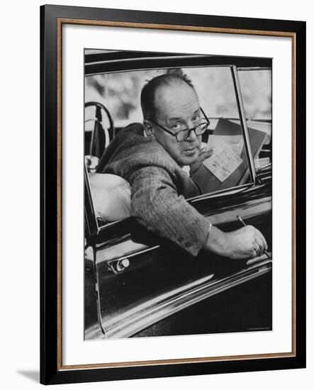 Author Vladimir Nabokov Writing in His Car. He Likes to Work in the Car, Writing on Index Cards-Carl Mydans-Framed Premium Photographic Print
