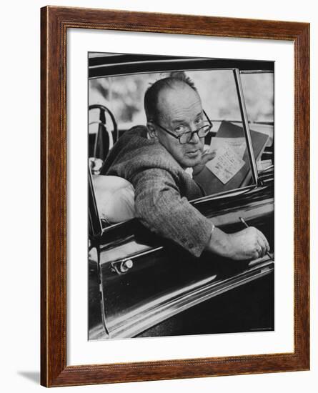 Author Vladimir Nabokov Writing in His Car. He Likes to Work in the Car, Writing on Index Cards-Carl Mydans-Framed Premium Photographic Print