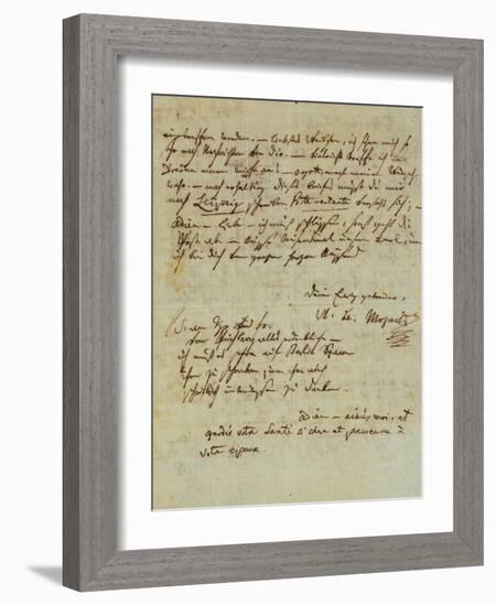 Autograph Letter Signed by Wolfgang Amadeus Mozart (1756-1791) and Sent to His Wife Constanze,…-null-Framed Giclee Print