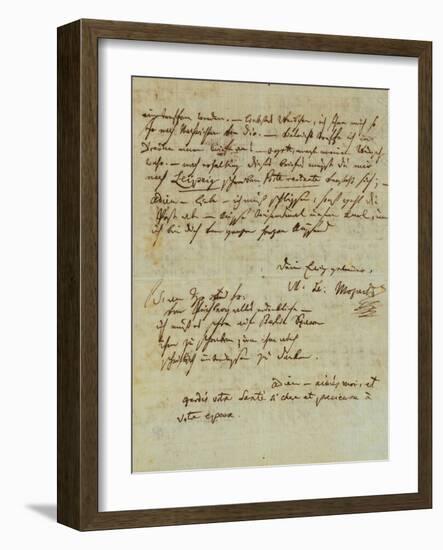 Autograph Letter Signed by Wolfgang Amadeus Mozart (1756-1791) and Sent to His Wife Constanze,…-null-Framed Giclee Print