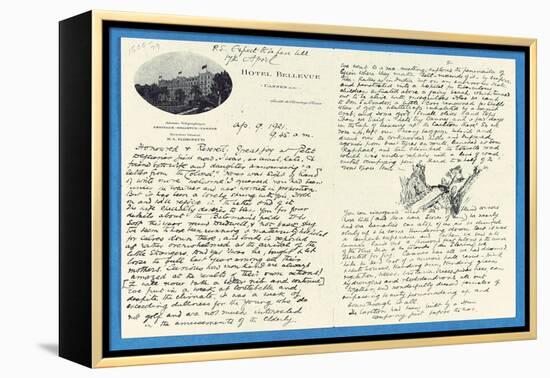 Autograph Letter to Col. H. W. Feilden, Hotel Bellvue Cannes, 9th April, 1921-Rudyard Kipling-Framed Premier Image Canvas