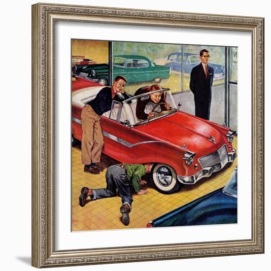 "Automobile Showroom", December 8, 1956-Amos Sewell-Framed Giclee Print