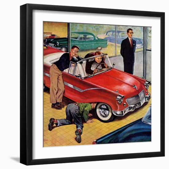 "Automobile Showroom", December 8, 1956-Amos Sewell-Framed Giclee Print