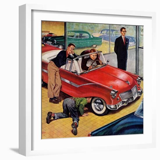 "Automobile Showroom", December 8, 1956-Amos Sewell-Framed Giclee Print