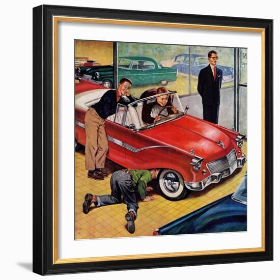 "Automobile Showroom", December 8, 1956-Amos Sewell-Framed Giclee Print