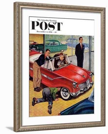 "Automobile Showroom" Saturday Evening Post Cover, December 8, 1956-Amos Sewell-Framed Giclee Print