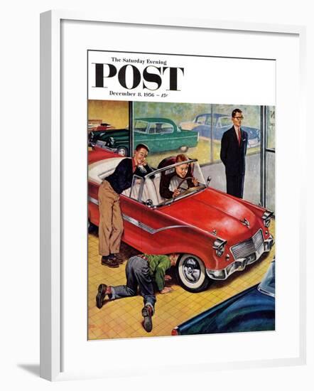 "Automobile Showroom" Saturday Evening Post Cover, December 8, 1956-Amos Sewell-Framed Giclee Print