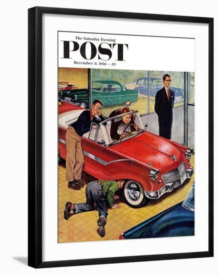 "Automobile Showroom" Saturday Evening Post Cover, December 8, 1956-Amos Sewell-Framed Giclee Print