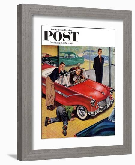 "Automobile Showroom" Saturday Evening Post Cover, December 8, 1956-Amos Sewell-Framed Giclee Print