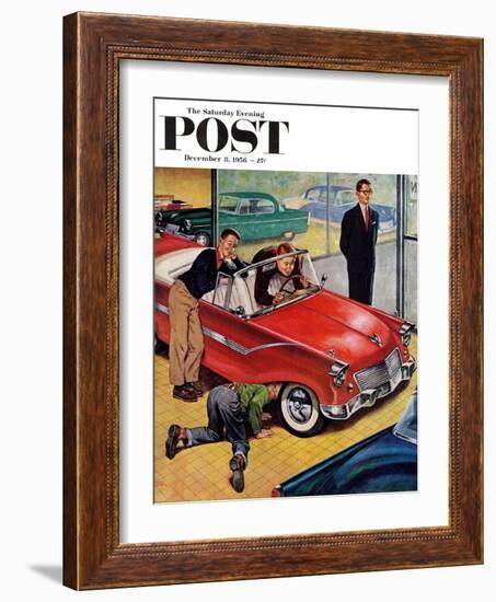 "Automobile Showroom" Saturday Evening Post Cover, December 8, 1956-Amos Sewell-Framed Giclee Print