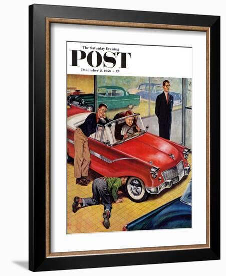 "Automobile Showroom" Saturday Evening Post Cover, December 8, 1956-Amos Sewell-Framed Giclee Print