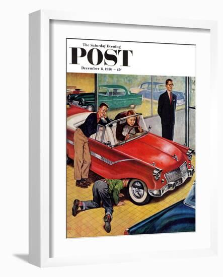 "Automobile Showroom" Saturday Evening Post Cover, December 8, 1956-Amos Sewell-Framed Giclee Print