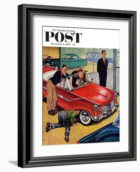 "Automobile Showroom" Saturday Evening Post Cover, December 8, 1956-Amos Sewell-Framed Giclee Print