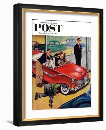 "Automobile Showroom" Saturday Evening Post Cover, December 8, 1956-Amos Sewell-Framed Giclee Print