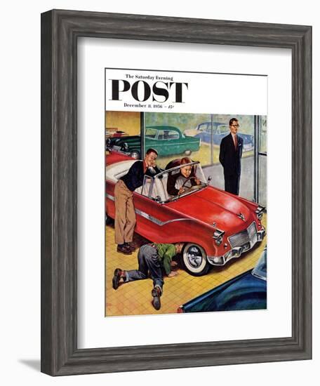 "Automobile Showroom" Saturday Evening Post Cover, December 8, 1956-Amos Sewell-Framed Giclee Print