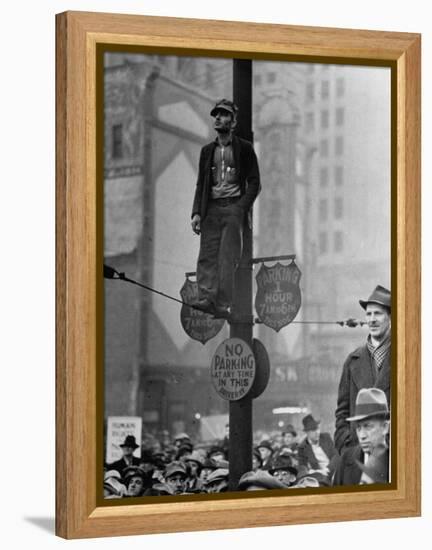 Automotive Union Member Watches from Private Perch During Mass Strike Demonstration-William Vandivert-Framed Premier Image Canvas