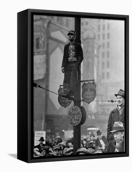 Automotive Union Member Watches from Private Perch During Mass Strike Demonstration-William Vandivert-Framed Premier Image Canvas