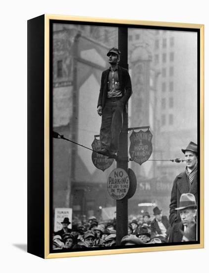 Automotive Union Member Watches from Private Perch During Mass Strike Demonstration-William Vandivert-Framed Premier Image Canvas