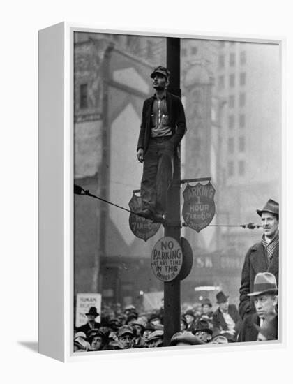 Automotive Union Member Watches from Private Perch During Mass Strike Demonstration-William Vandivert-Framed Premier Image Canvas