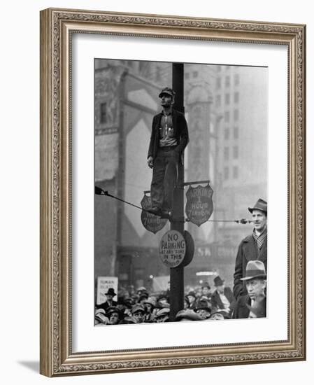 Automotive Union Member Watches from Private Perch During Mass Strike Demonstration-William Vandivert-Framed Photographic Print