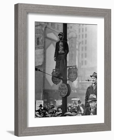 Automotive Union Member Watches from Private Perch During Mass Strike Demonstration-William Vandivert-Framed Photographic Print