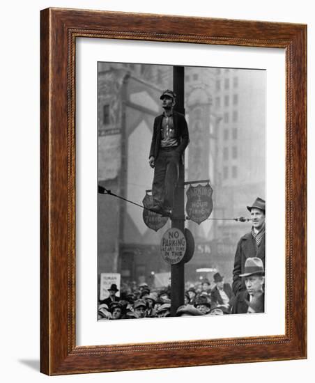 Automotive Union Member Watches from Private Perch During Mass Strike Demonstration-William Vandivert-Framed Photographic Print