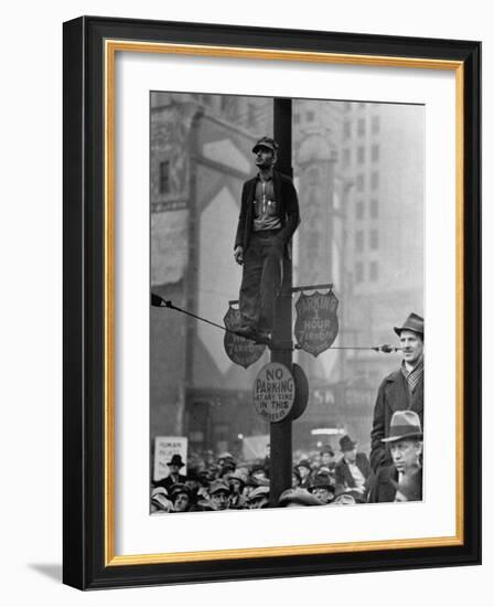 Automotive Union Member Watches from Private Perch During Mass Strike Demonstration-William Vandivert-Framed Photographic Print