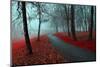 Autumn Alley in the Fog - Gothic Autumn Landscape in Cloudy Weather with Bare Red Trees along Alley-null-Mounted Photographic Print