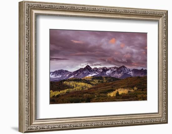 Autumn, aspen trees and Sneffels Range at sunset, Mount Sneffels Wilderness. Colorado-Adam Jones-Framed Photographic Print