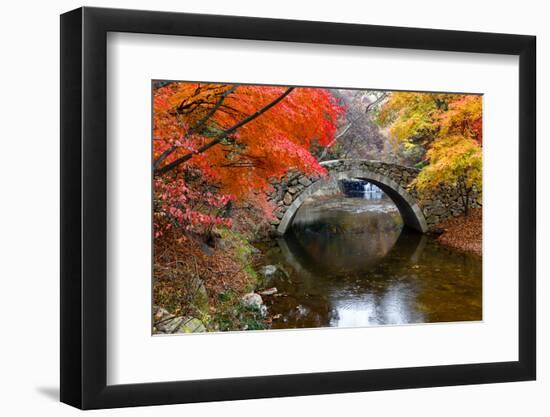 Autumn color and old stone arched bridge at Namsangol traditional folk village, Seoul, South Korea-null-Framed Photographic Print