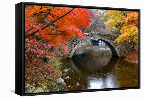 Autumn color and old stone arched bridge at Namsangol traditional folk village, Seoul, South Korea-null-Framed Premier Image Canvas