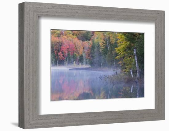 Autumn colors and mist on Council Lake at sunrise, Hiawatha National Forest, Michigan.-Adam Jones-Framed Photographic Print