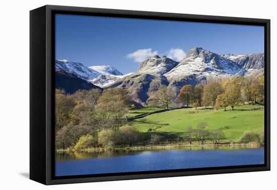 Autumn Colours Beside Loughrigg Tarn with Views to the Snow Dusted Mountains of the Langdale Pikes-Adam Burton-Framed Premier Image Canvas