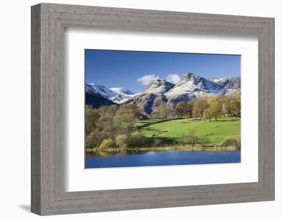 Autumn Colours Beside Loughrigg Tarn with Views to the Snow Dusted Mountains of the Langdale Pikes-Adam Burton-Framed Photographic Print