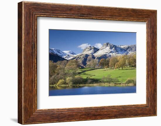 Autumn Colours Beside Loughrigg Tarn with Views to the Snow Dusted Mountains of the Langdale Pikes-Adam Burton-Framed Photographic Print