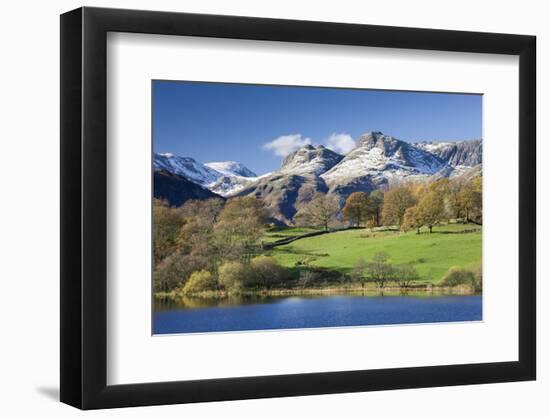 Autumn Colours Beside Loughrigg Tarn with Views to the Snow Dusted Mountains of the Langdale Pikes-Adam Burton-Framed Photographic Print